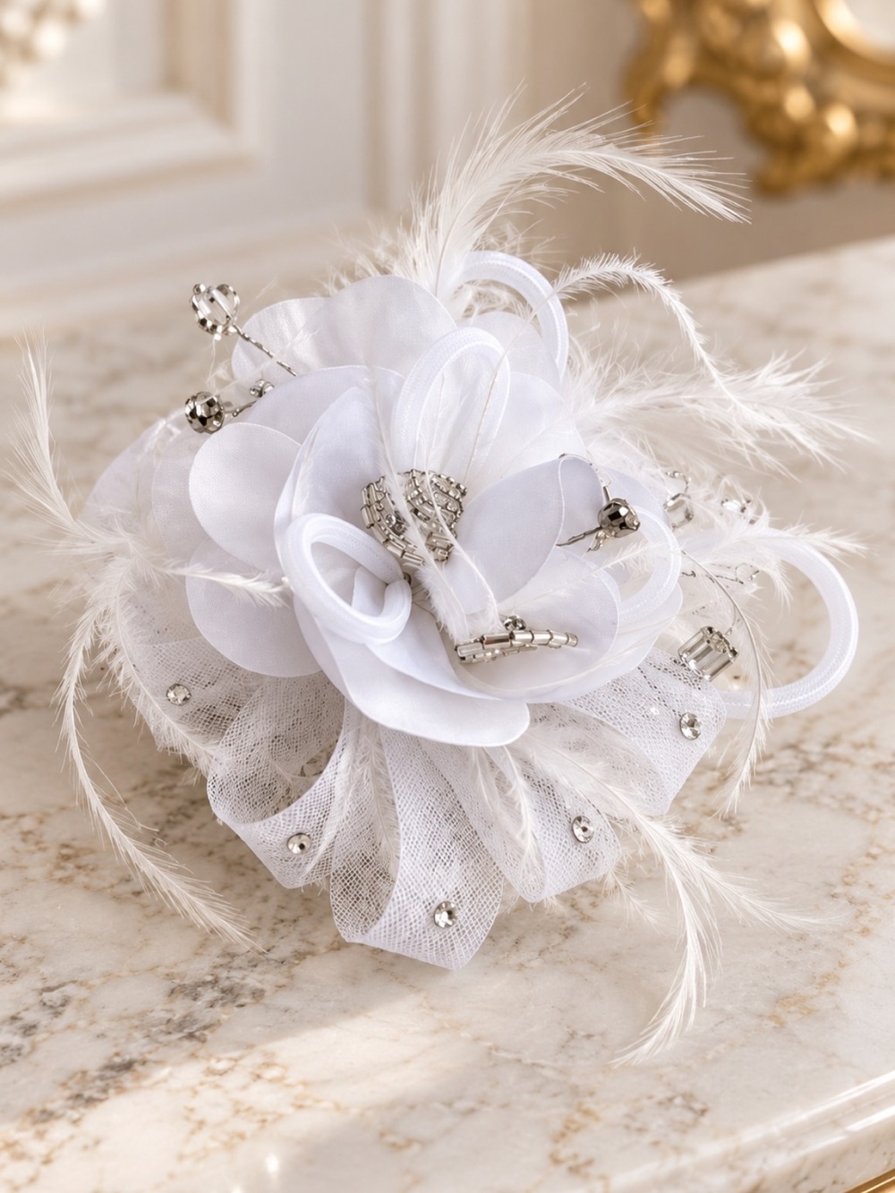 Chic and Elegant White Floral Hair Clip with feathers and Silver Accents❤️